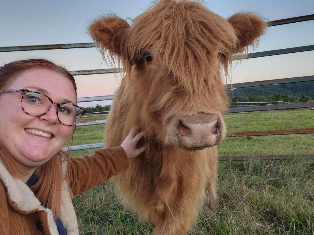 une femme est debout à côté d'une vache brune dans l'établissement Water View Country Cottage, à Yandina Creek