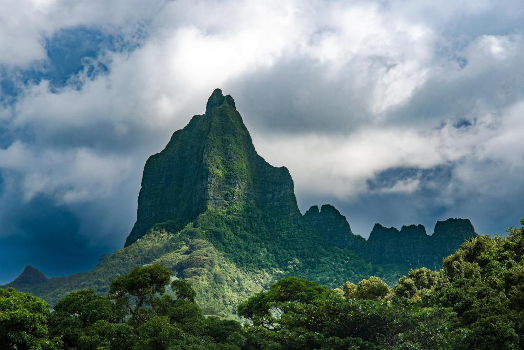 a mountain with trees in front of a cloudy sky at MOOREA - Fare Nihei in Maharepa