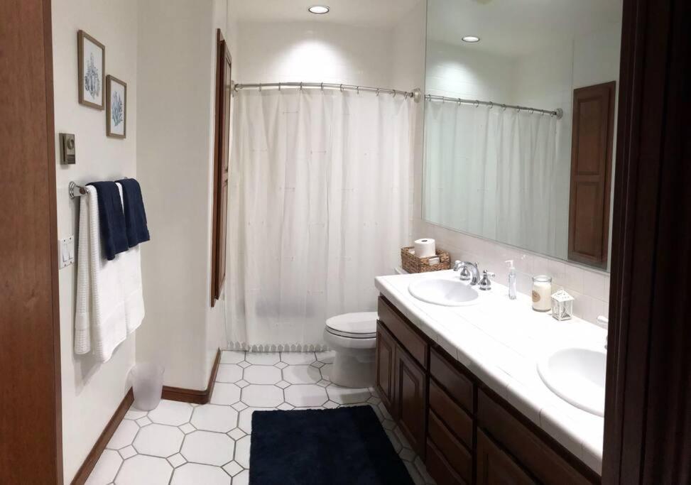 uma casa de banho com um lavatório, um WC e um espelho. em Hamilton Cove Panoramic Ocean View Condo #2/32 em Avalon