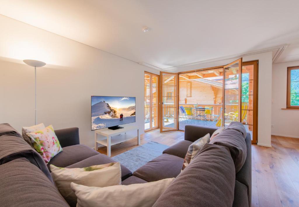 a living room with a couch and a tv at Panoramapark Soleil E Apt 3 in Wengen