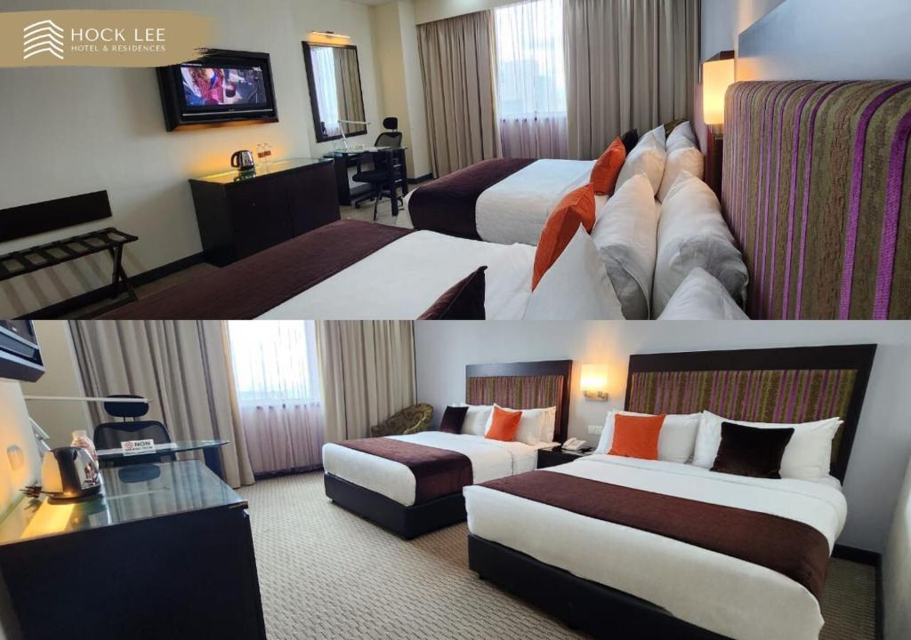 two pictures of a hotel room with two beds at Hock Lee Hotel & Residences in Kuching