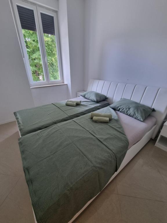 een groot bed in een witte kamer met 2 kussens bij Bass Apartment in Pula