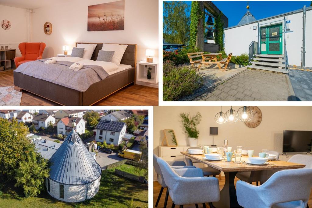 a collage of pictures of a bedroom and a house at dreamcation - Ehemaliges Pfarrhaus, 3D-Tour, NETFLIX, Terrasse, BBQ, Küche, 130qm in Kelheim