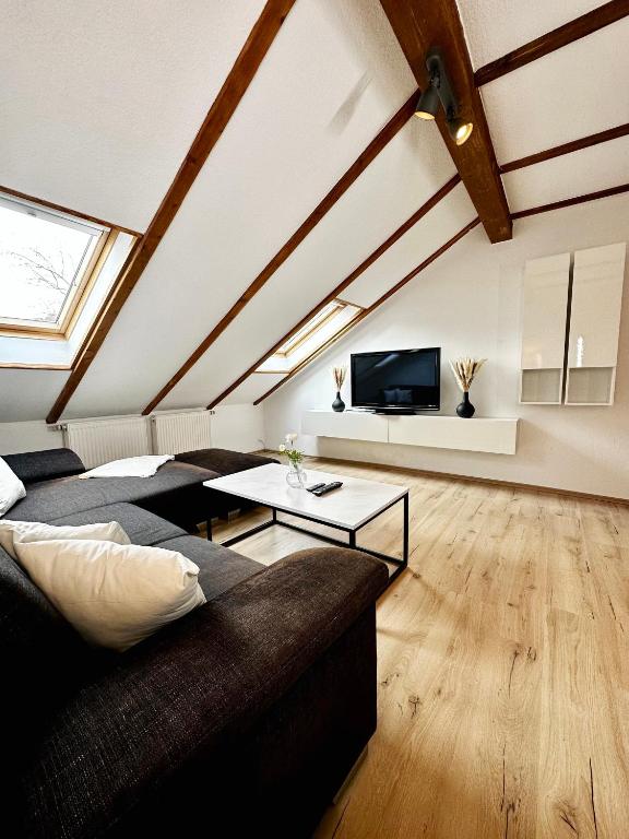 ein Wohnzimmer mit einem Sofa und einem TV in der Unterkunft 2-Zimmer im Herzen von Göttingen in Göttingen
