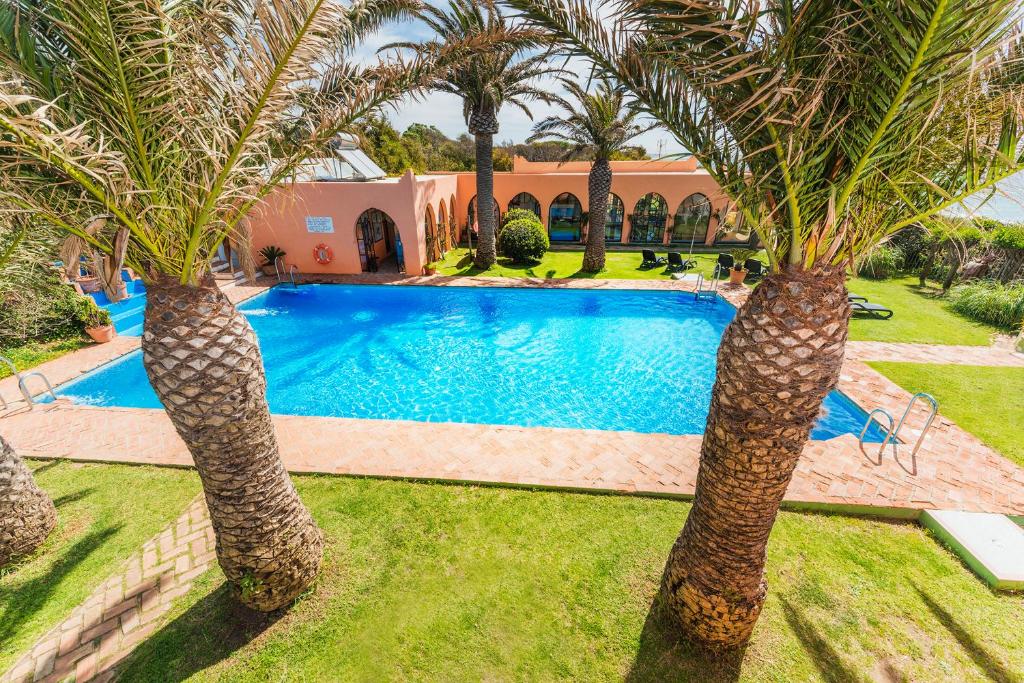 two palm trees in front of a swimming pool at Hurricane Beach Hotel in Tarifa