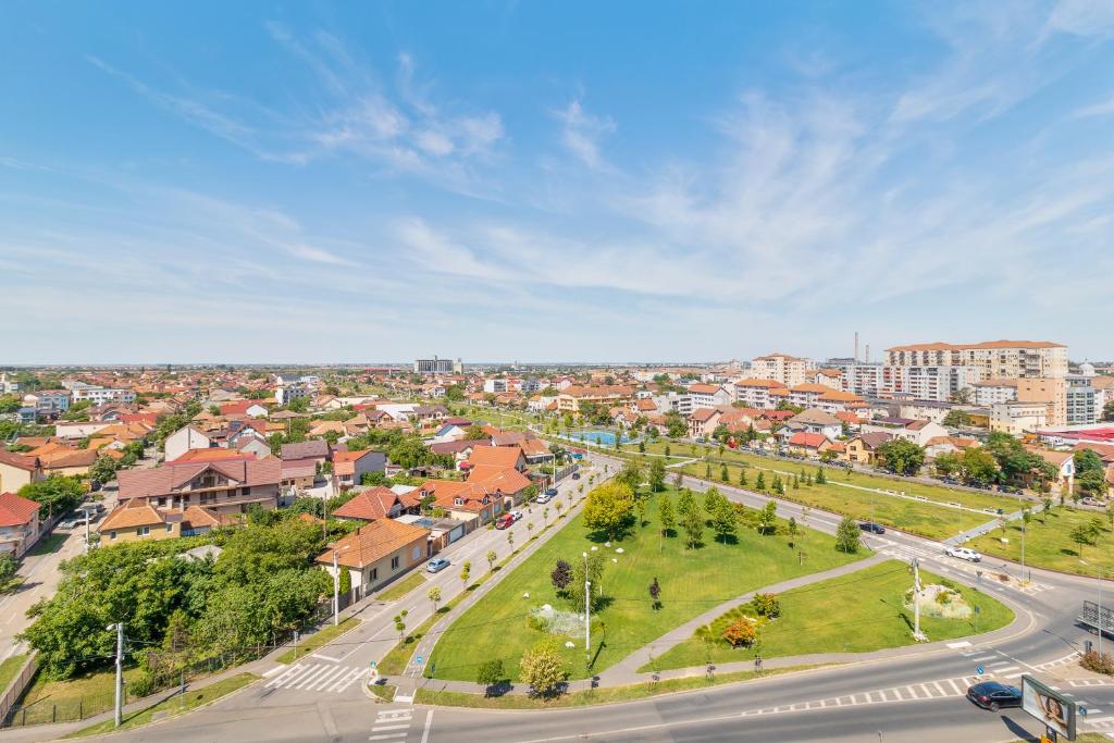 an aerial view of a city with a street at Park View in Oradea