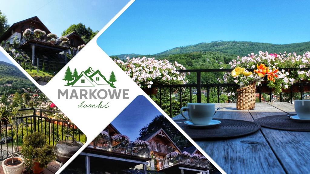 een collage van foto's van een tafel met een kopje koffie bij Markowe Domki in Szczyrk