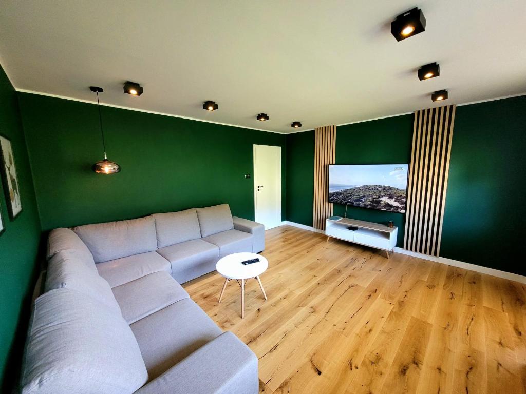 a living room with a couch and a flat screen tv at Apartament Wrzos in Cisna