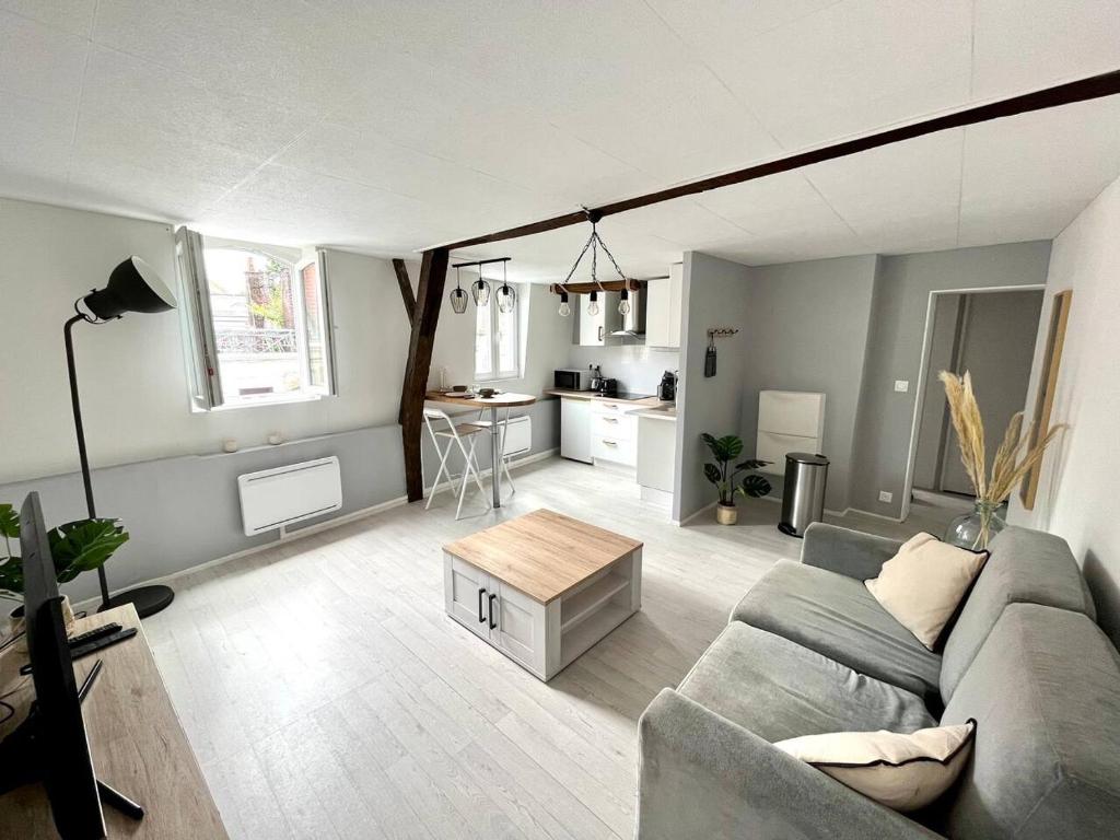 un salon avec un canapé et une table dans l'établissement Appartement calme, plein-centre de Douai, à Douai