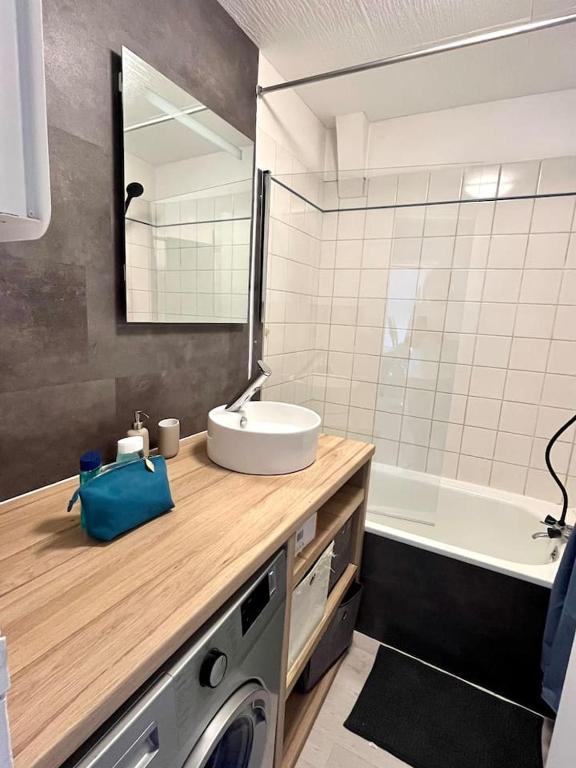 a bathroom with a sink and a mirror and a tub at Appartement calme, plein-centre de Douai in Douai