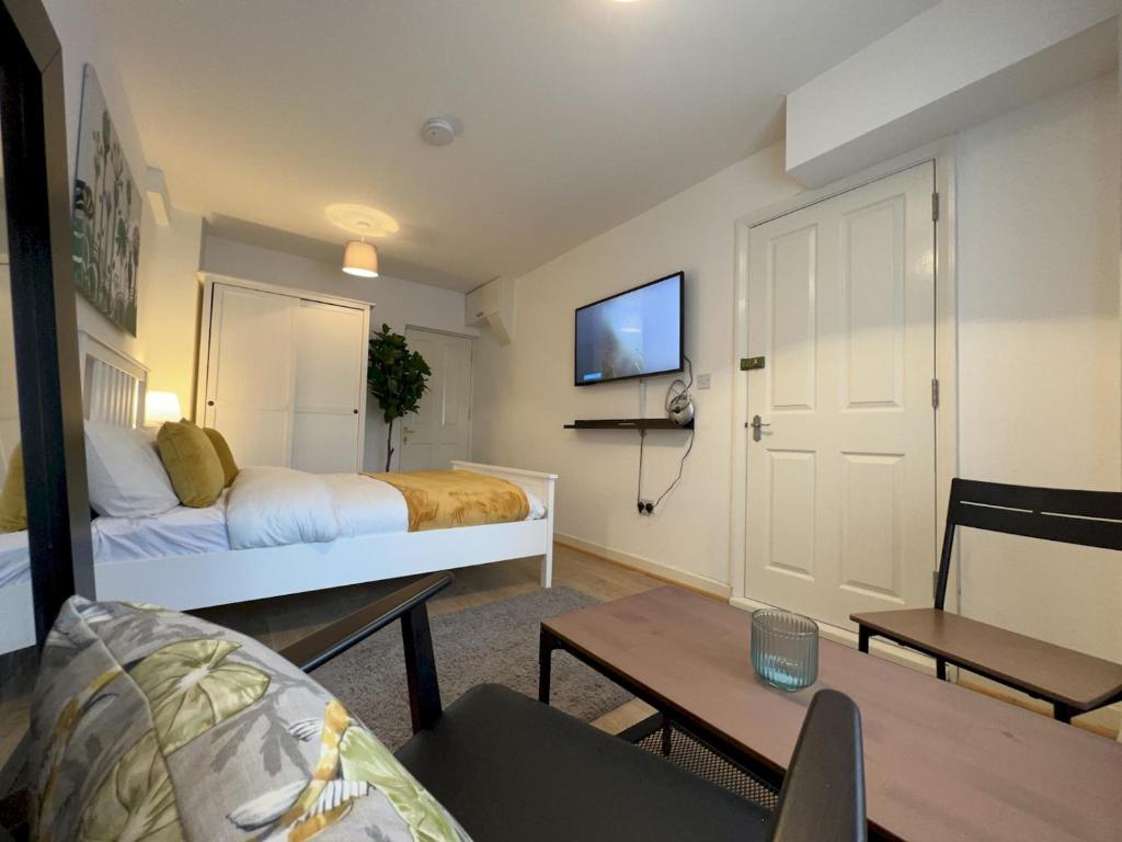 um quarto de hotel com uma cama e uma televisão em Pass the Keys Cosy Studio Flat Close To Bexleyheath Centre em Bexleyheath
