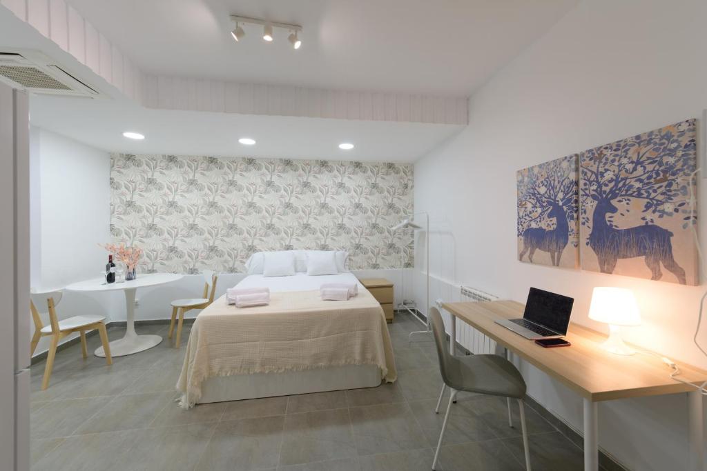 - une chambre avec un lit et un bureau avec un ordinateur portable dans l'établissement For You Rentals Acogedor y Espacioso Estudio en Madrid GJR6, à Madrid