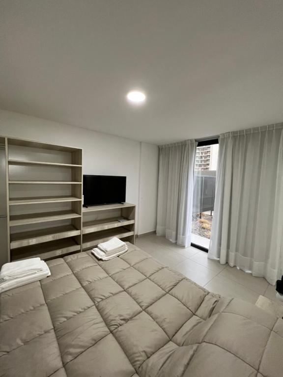 1 dormitorio grande con 1 cama grande y TV en Departamentos y monoambientes Santiago 115 en Neuquén