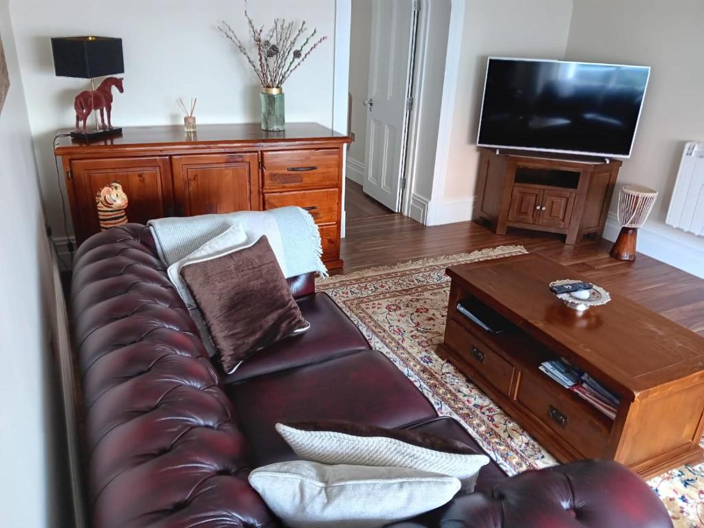 a living room with a leather couch and a television at THE LODGE (Belmullet town centre) in Belmullet