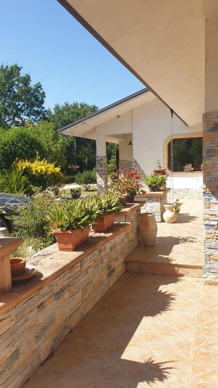 un jardín con macetas en una pared de ladrillo en Villa Sabrina, en Castro dei Volsci