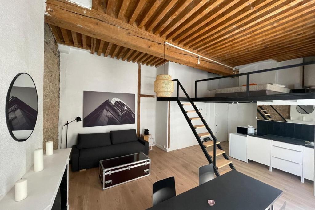 a loft apartment with a living room and a loft bed at Carmélites-Charmant 4 pers-pentes Croix Rousse in Lyon