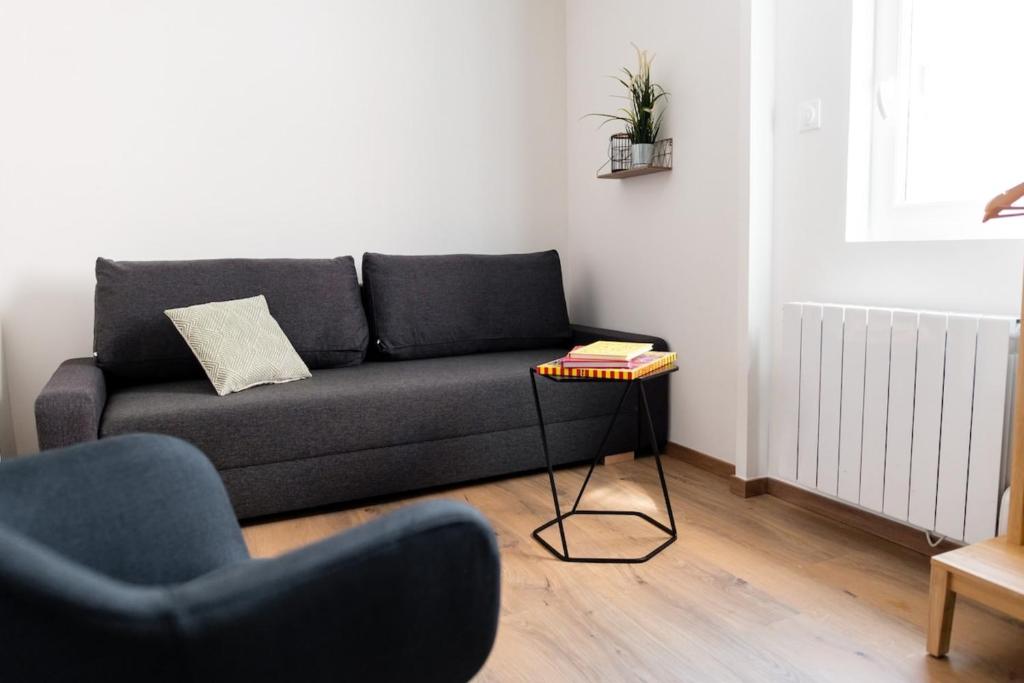 a living room with a couch and a table at Studio coquet calme et lumineux - Part Dieu in Lyon