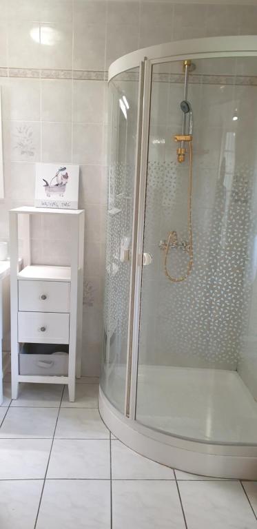 a white bathroom with a shower and a sink at Le moulin de Clauzure - Périgord vert in Saint-Paul-Lizonne