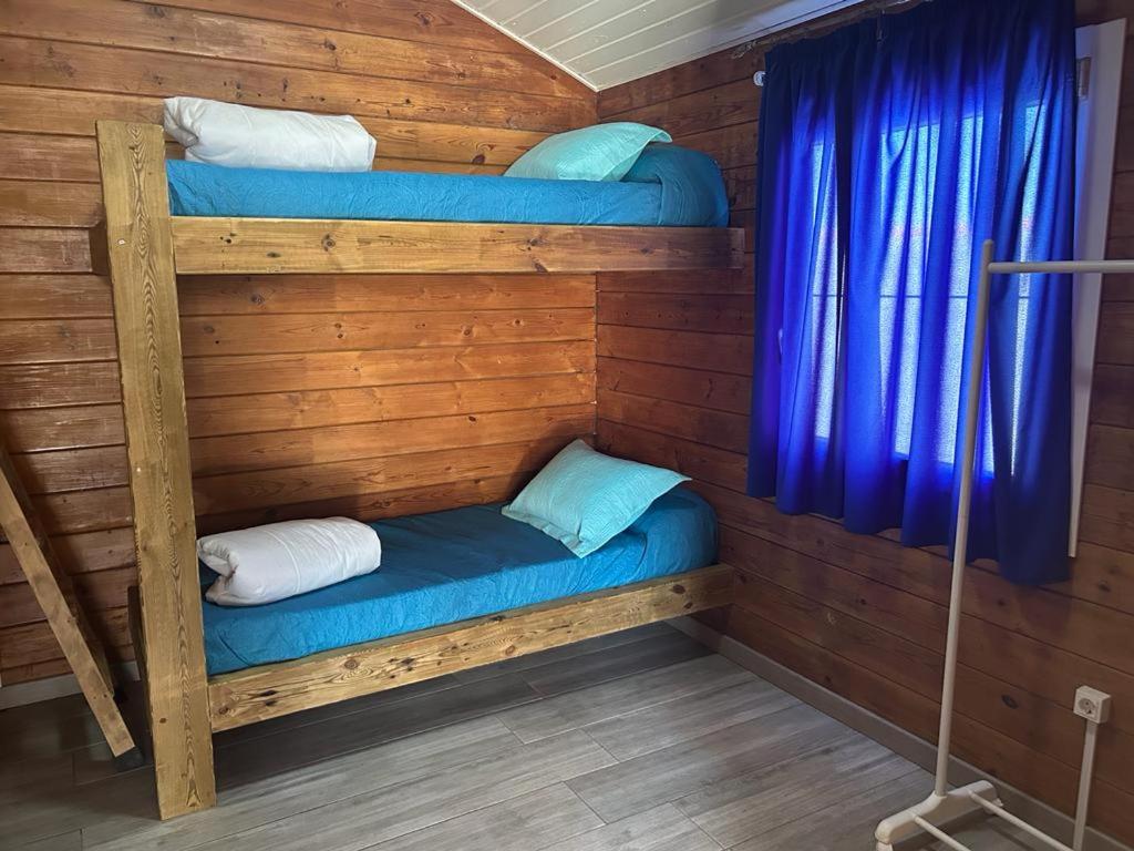 two bunk beds in a cabin with a blue curtain at La pinza bl am in El Palmar