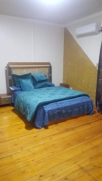 Un dormitorio con una cama con almohadas azules. en تحسين فرغلي en El Cairo