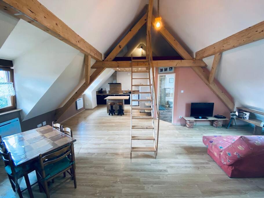 a room with a loft with a ladder in it at Studio à la ferme 