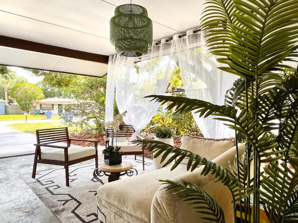 a living room with a couch and a plant at Hummingbird Hideaway, Tropical 3-Bed Guest House in South Tampa in Tampa