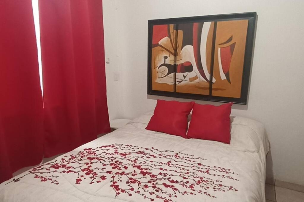 Un dormitorio con una cama con almohadas rojas y una pintura en Colombia 147, en Puerto Vallarta