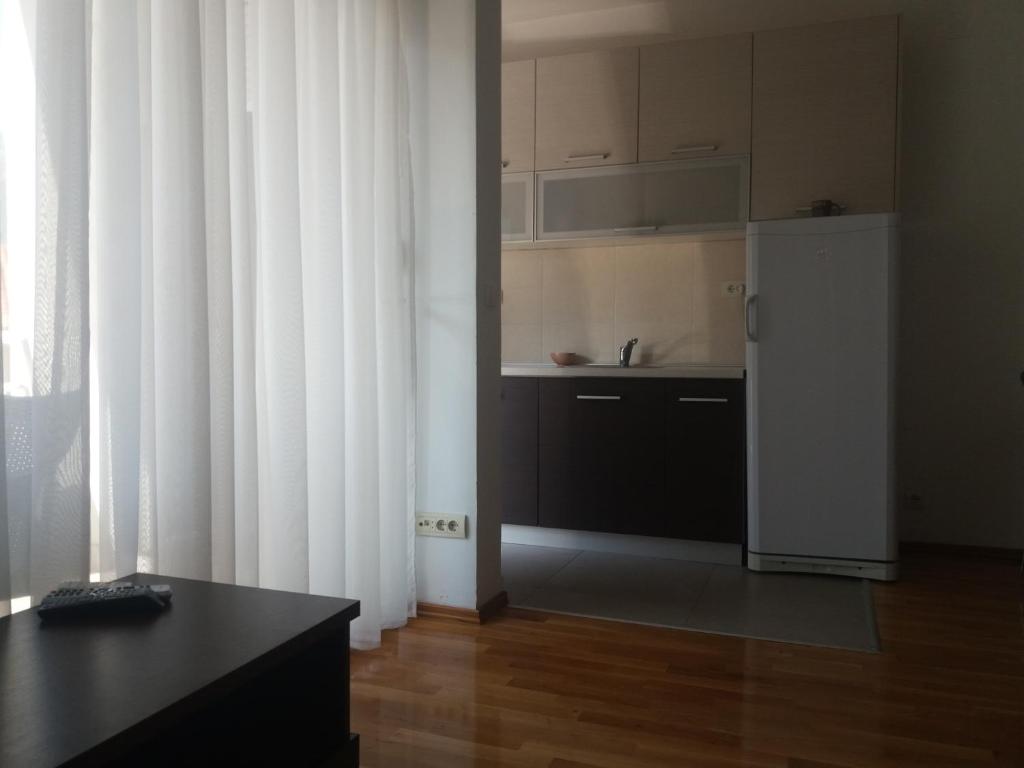 eine Küche mit einem Kühlschrank und einem Tisch im Zimmer in der Unterkunft Lucia Apartment in Budva