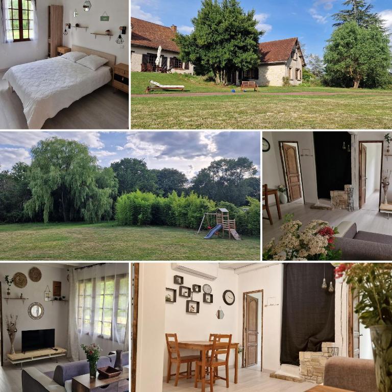 un collage de photos avec une maison et une chambre dans l'établissement Maison charmante climatisée avec aire de jeu à 35 minutes de Disneyland Paris, à Boitron