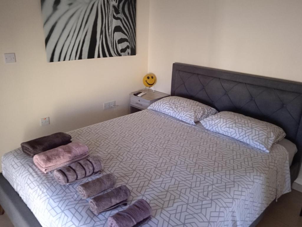 een slaapkamer met een bed met twee handdoeken erop bij Xylophagou Rest and relax (2) Ayia Napa Larnaca in Xylophaghou