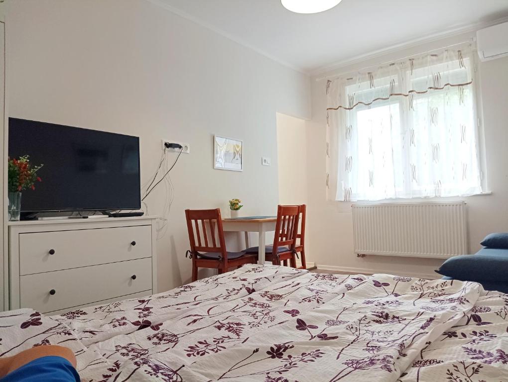 Schlafzimmer mit einem Bett, einem TV und einem Tisch in der Unterkunft SaraHome3 Center in Szeged