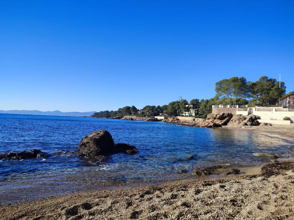 une plage avec un grand rocher dans l'eau dans l'établissement Orpheus83, à Saint-Raphaël