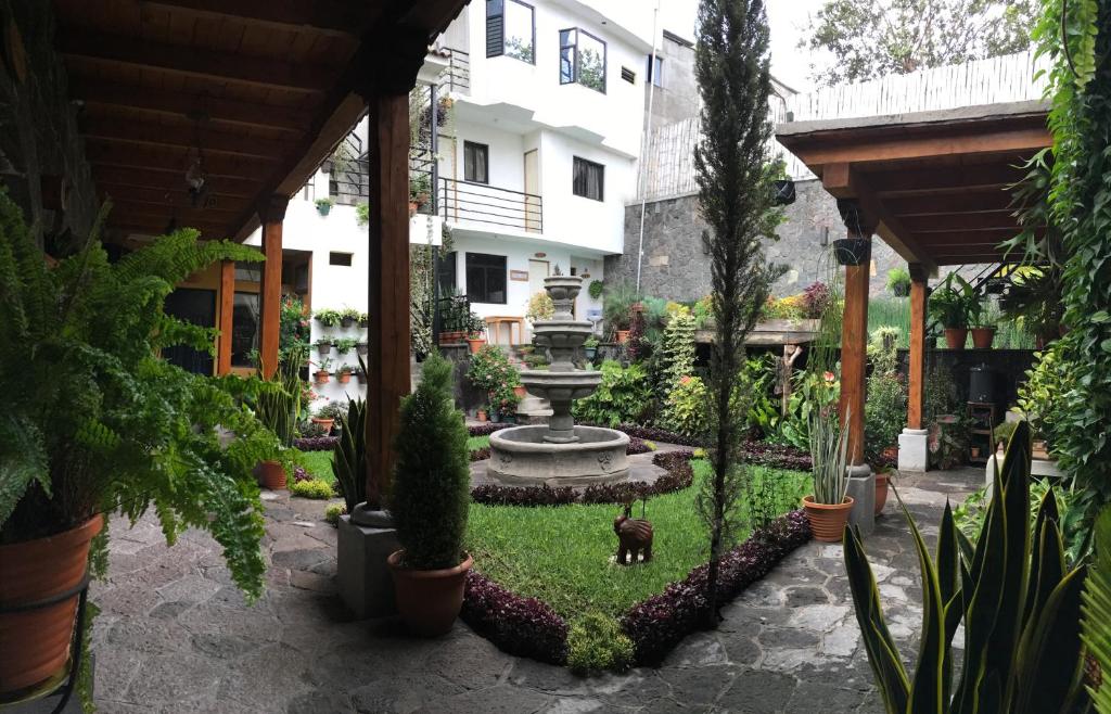 a garden with a fountain and a dog in the middle at Casa Josefa Hotel in Santiago Atitlán