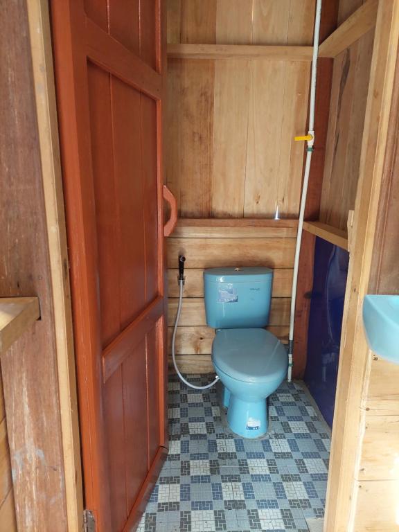 La salle de bains est pourvue de toilettes bleues. dans l'établissement Nuttonton Homes, 