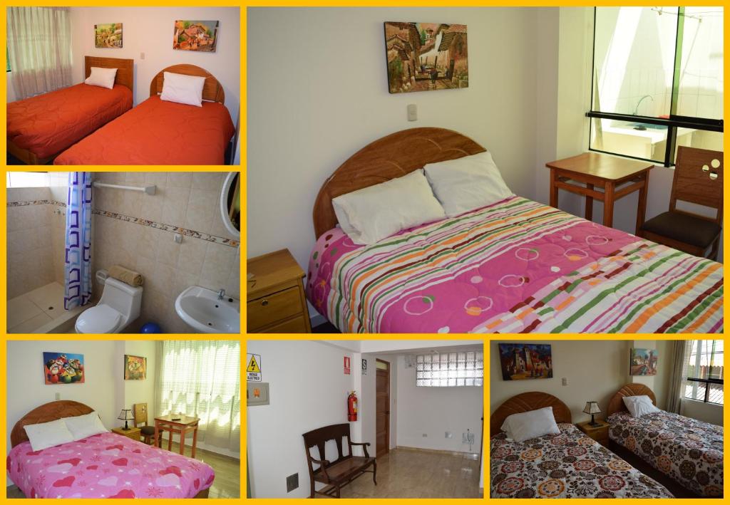 un collage de cuatro fotos de un dormitorio en Kuski Hospedaje, en Cusco