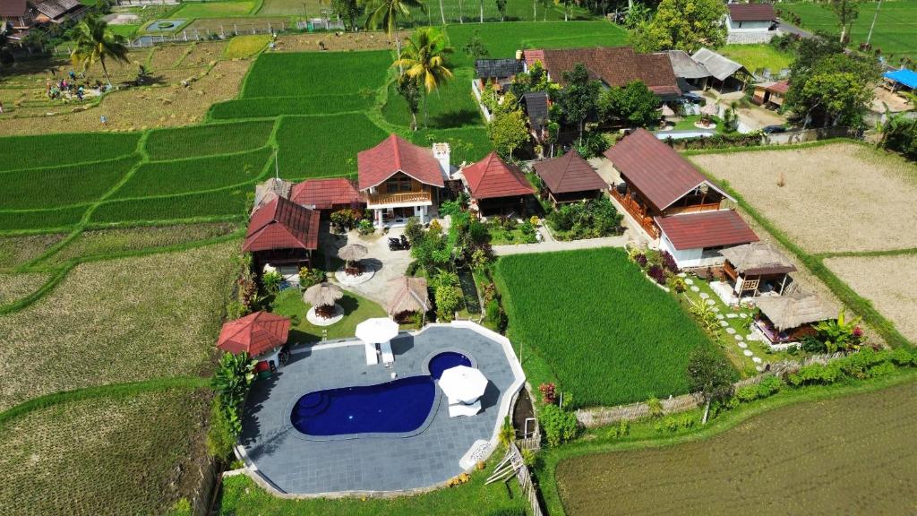 an aerial view of a house with a swimming pool at Pondok Indah Bungalows Tetebatu in Tetebatu