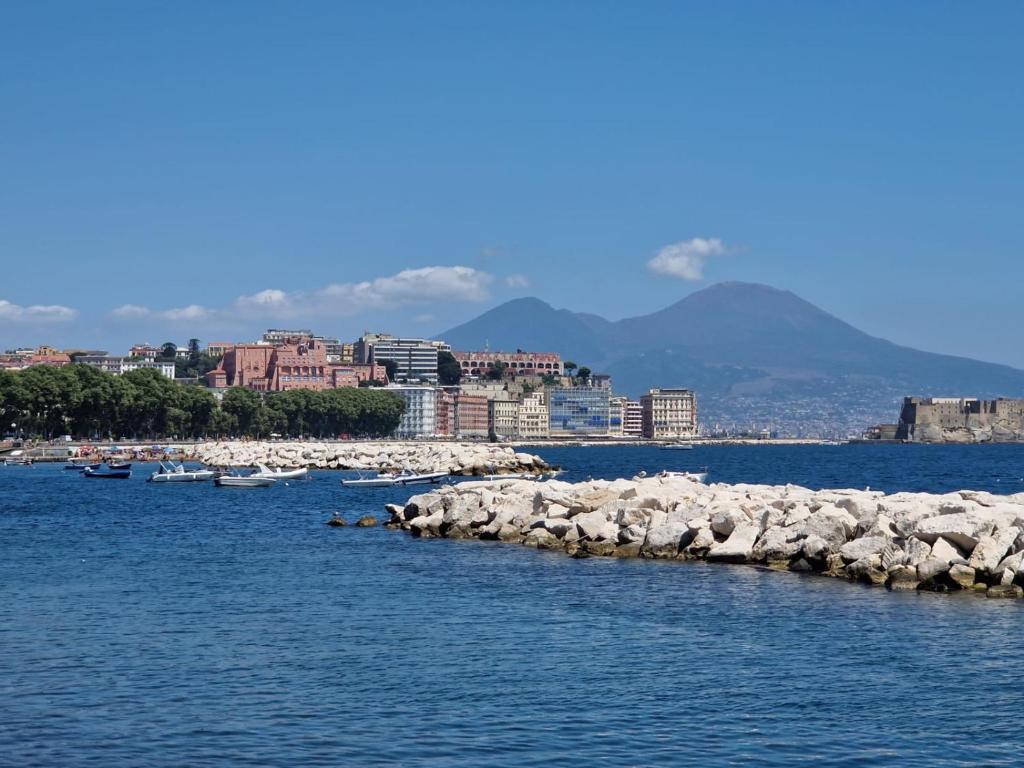 un grupo de rocas en el agua con una ciudad en Suites Caracciolo, en Nápoles