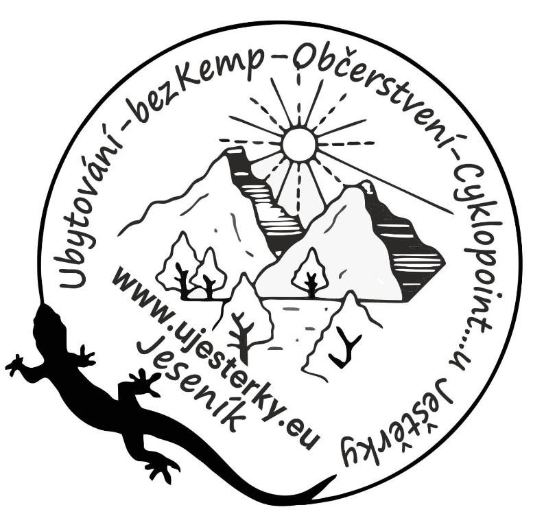a black and white emblem with a mountain and a sun at Apartmán u Ještěrky se saunou v ceně, Rejvízská 29, Jeseník in Jeseník