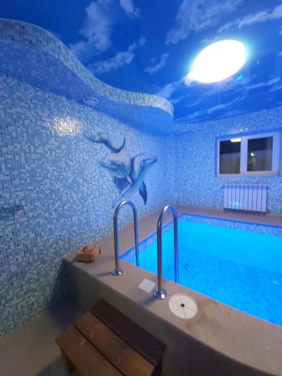 a bathroom with a swimming pool with dolphins on the wall at дача in Odesa