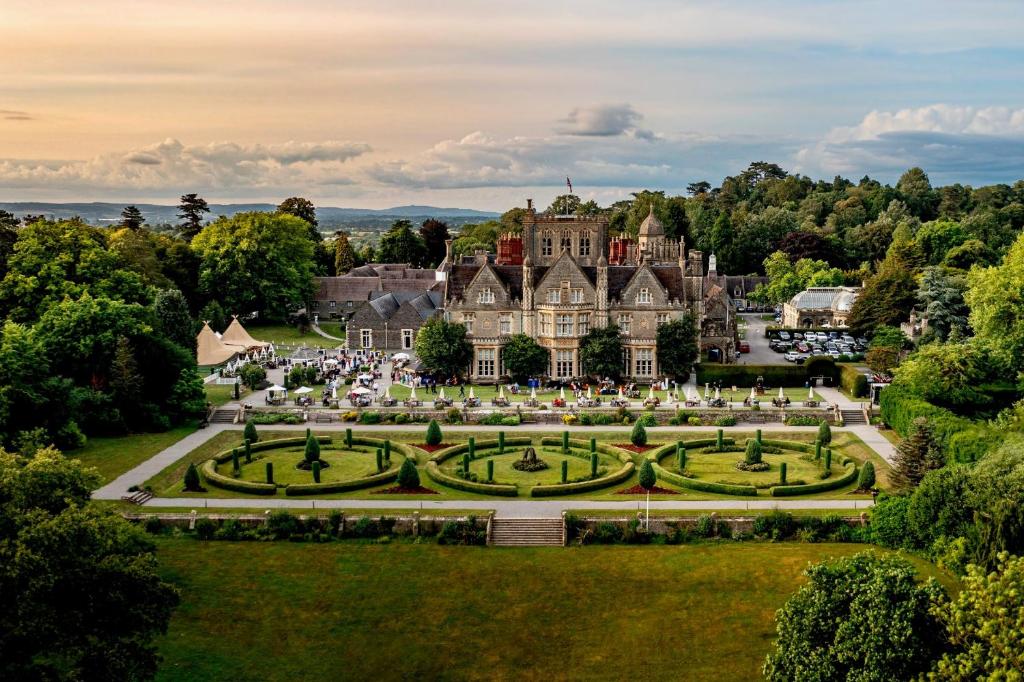 an aerial view of a mansion with a garden at De Vere Tortworth Court in Wotton-under-Edge