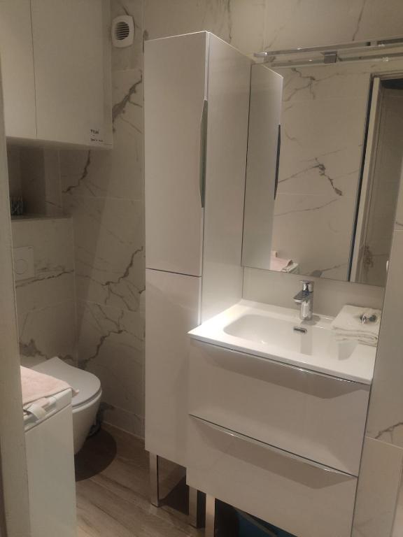 a white bathroom with a sink and a toilet at Amélia Appartement Saint-Jorioz in Saint-Jorioz