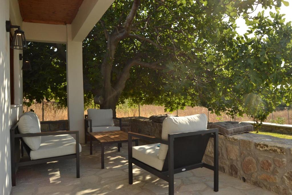 eine Terrasse mit Stühlen, einem Tisch und einem Baum in der Unterkunft Villa Potamia in Samothráki