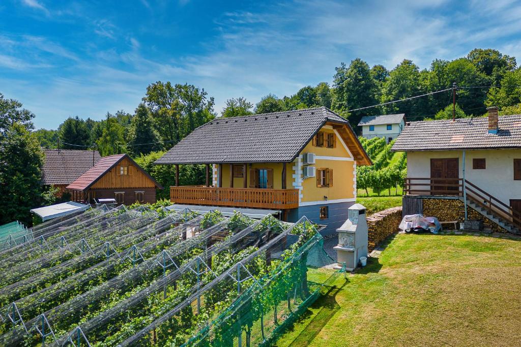 Un gran jardín con una casa y un invernadero. en Vineyard Cottage Stepan - Happy Rentals, en Črnomelj