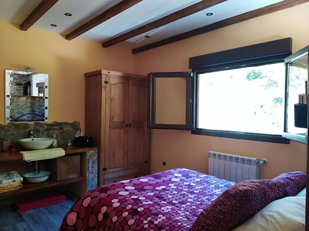 a bedroom with a bed and a sink and a window at Apartamentos rurales La Veiga in La Riera