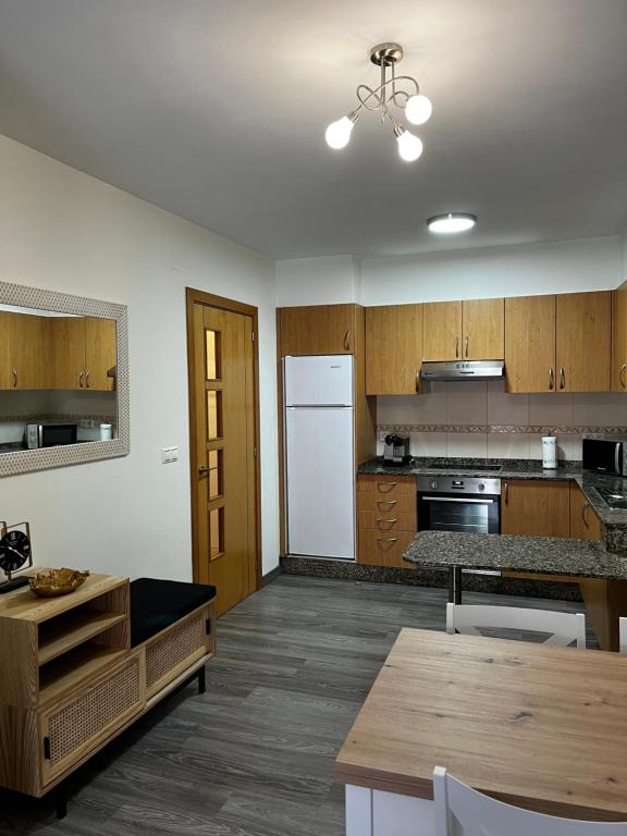 cocina con armarios de madera y nevera blanca en Apartamento en Boiro en Escarabote