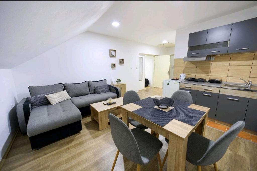 a living room with a couch and a table and a kitchen at Apartman Luki in Soko Banja