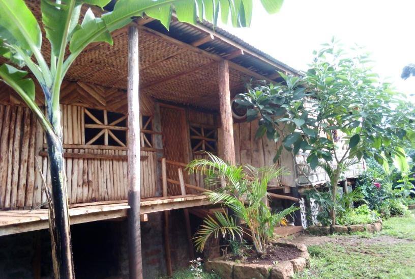 uma casa de madeira com um deque num jardim em Rock garden Sipi em Kapchorwa