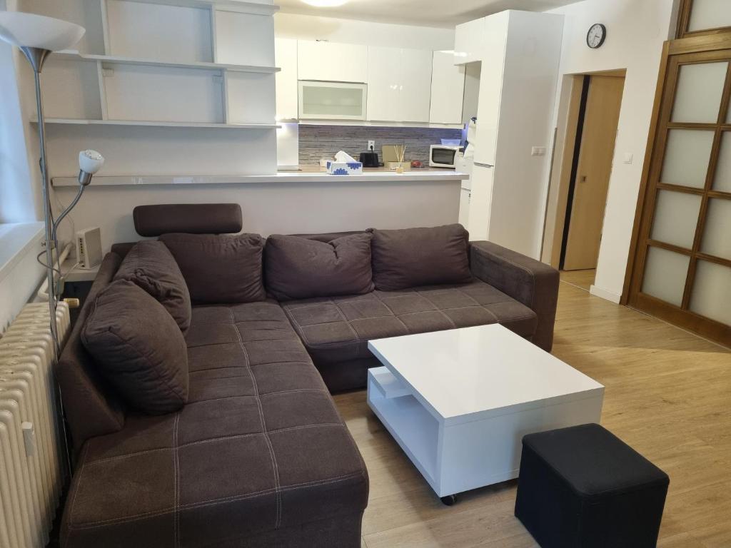 sala de estar con sofá marrón y mesa en FAMILY Apartmán v centre mesta Bratislava, en Bratislava