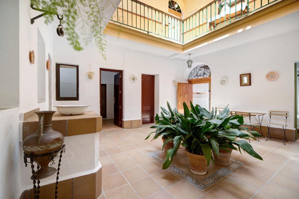 una habitación grande con dos macetas. en Casa Pepa Planta Baja, en Chiclana de la Frontera