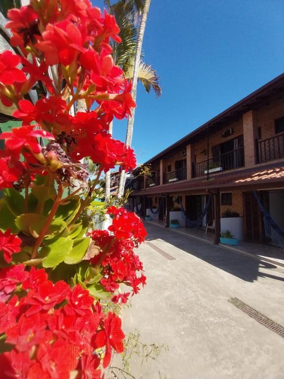 een bos rode bloemen voor een gebouw bij Pousada Rainha do Mar in Paraty